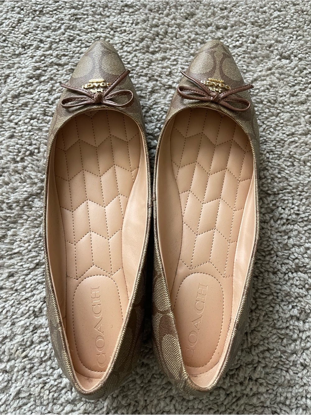 Coach Tan Signature Pointed-Toe Ballet Flats with Bow